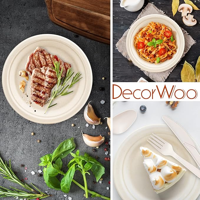 300Pcs Compostable Paper Plates Set, Eco-friendly Heavy Duty Plates & Biodegradable Utensil Include Forks,Knives,Spoons, Napkins, Disposable Dinnerware Set for Party (Brown)