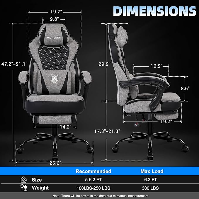 Vonesse Gaming Chair, Reclining Fabric Gaming Chairs for Adults 250LBS, Office Chair with Pocket Spring Cushion, Computer Chair with Footrest and Massage Lumbar Support (Grey)