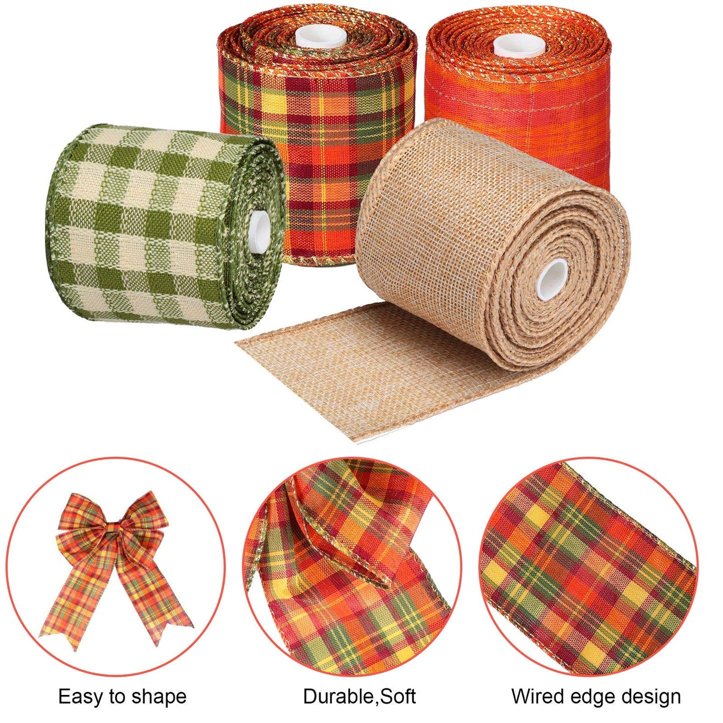 Syhood 4 Rolls Fall Ribbons 2.5″ Thanksgiving Plaid Burlap Wired Edge Ribbons for Autumn Gifts Wrapping DIY Crafts Floral Bows Wreath Making Supplies Decoration, 24 Yards in Total, 4 Styles