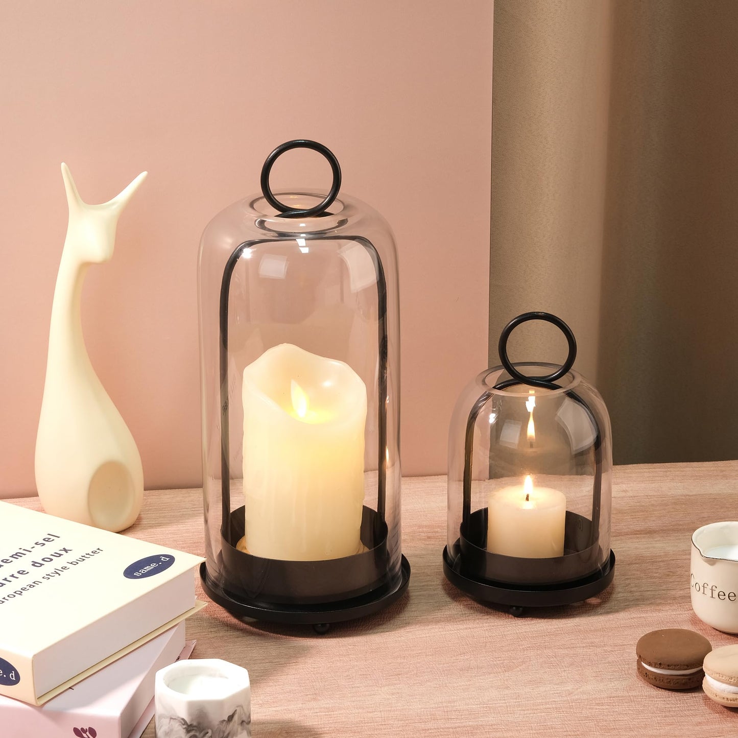 5" & 4" Wide Versatile Metal Candle Holder in Black with Handmade Thick, Heavy & Sturdy Glass Dome for Pillar Candle, Industrial, Modern, Shelf, Mantel, Veranda, Porch (Black, Large & Small)