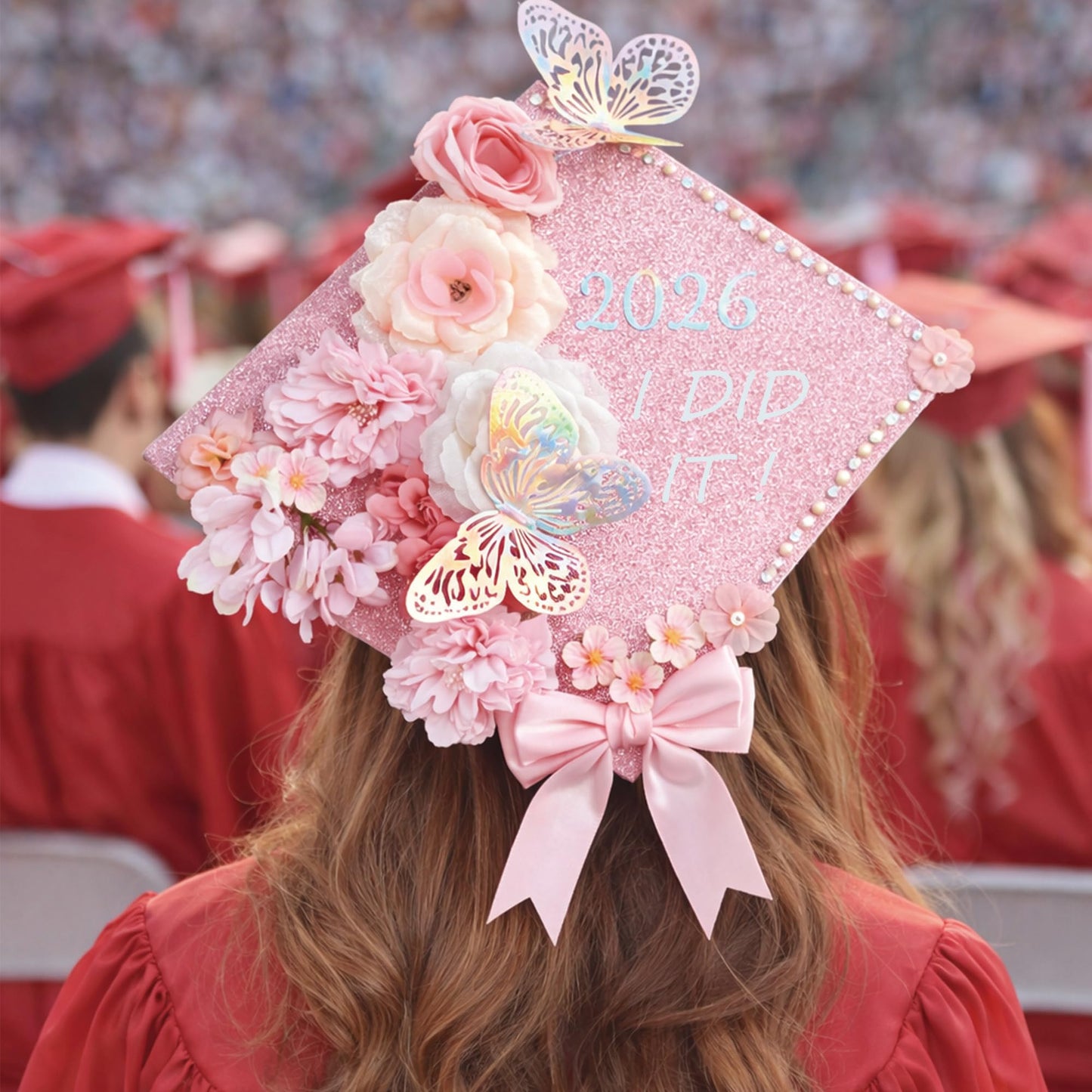 42PCS Graduation Cap Decorations Kit 2026, Pink DIY Grad Cap Topper Set with Glitter Topper Boards, 3D Butterflies, Letter Stickers, Pearls, Rhinestones, Flowers for Class of 2026