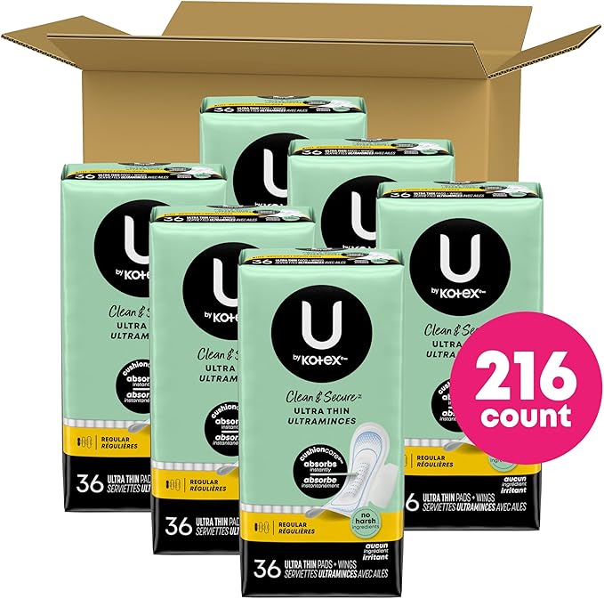 U by Kotex Clean & Secure Ultra Thin Pads with Wings, Regular Absorbency, 216 Count (6 Packs of 36) (Packaging May Vary)