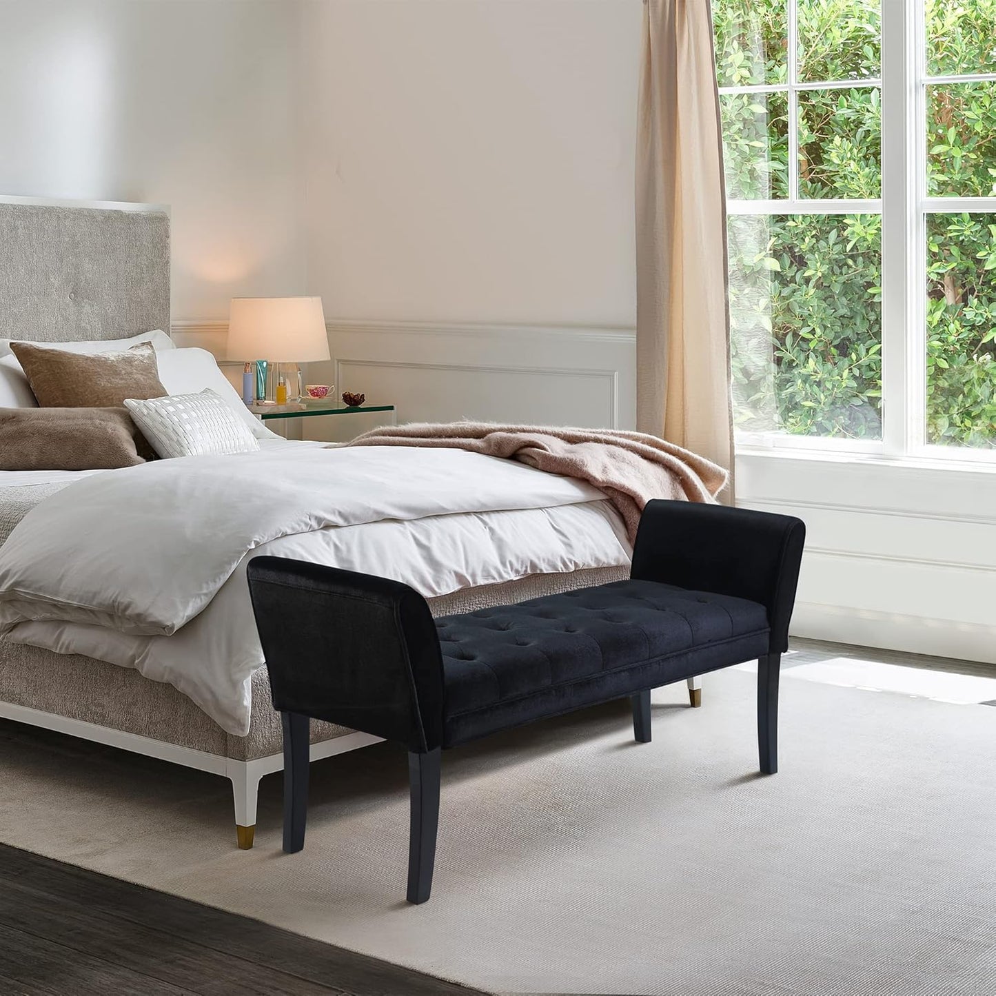 Armen Living Chatham Bench in Black Velvet and Black Wood Finish
