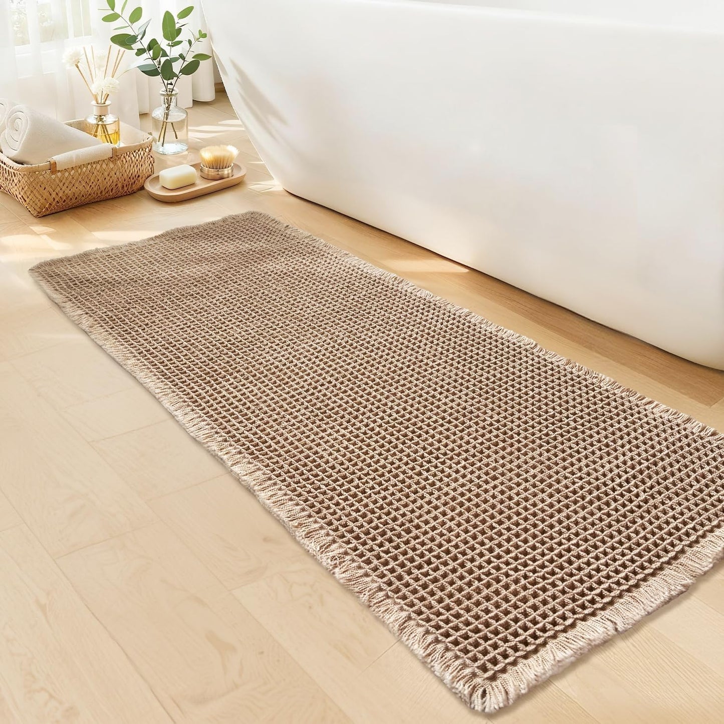 Waffle Runner Bath Mat - Long Boho Bathroom Rugs Non Slip Washable, Super Absorbent & Quick Dry, Soft Bath Mat Farmhouse Bathroom Decor, 24'' x 60'', Khaki