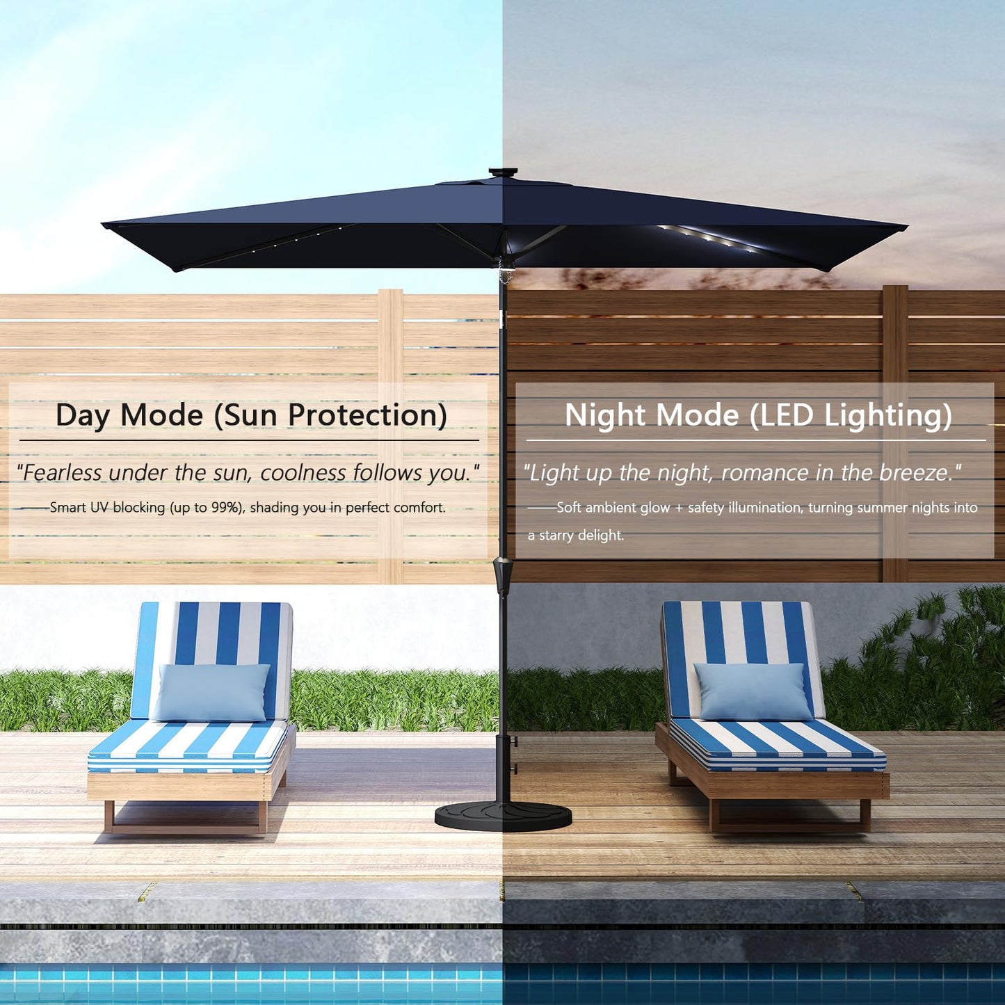 C-Hopetree 6.5 x 10 ft Rectangular Outdoor Patio Market Table Umbrella with Solar LED Lights, Navy Blue