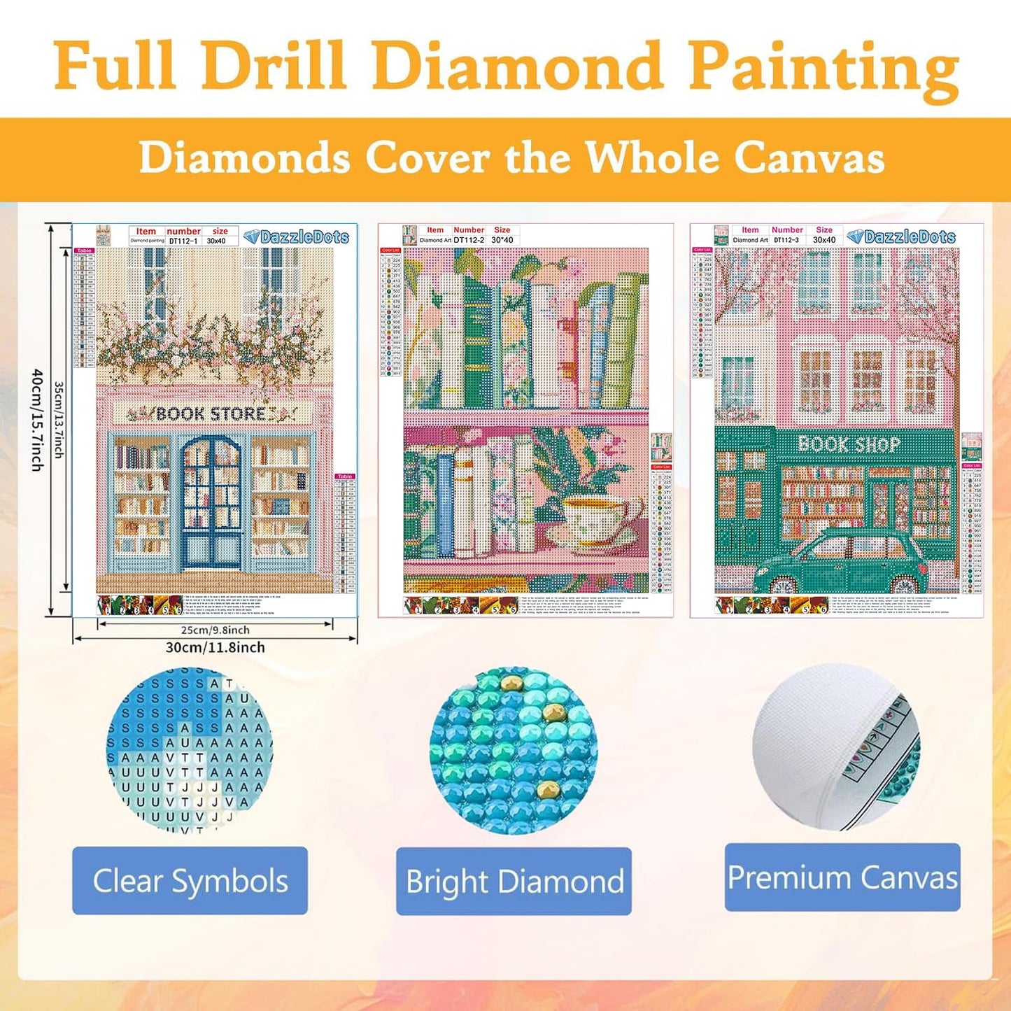 DAZZLEDOTS 3 Pack Diamond Art Kits for Adults, Pink Book Shop Diamond Painting Kits 5D Diamond Art Kits Bookstore DIY Full Drill Paint by Diamonds Dot Book Gem Art for Home Wall Decor 12x16Inch