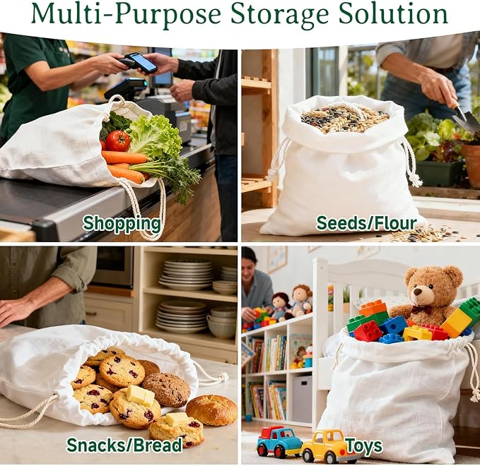 Simple&Opulence 6-Pack 14” x 17” Linen Cotton Drawstring Bags Reusable Grocery Sacks, DIY Craft Sachet Sacks Storage Cloth Bags for Party Wedding Home Bulk Produce Bags, Washable, White