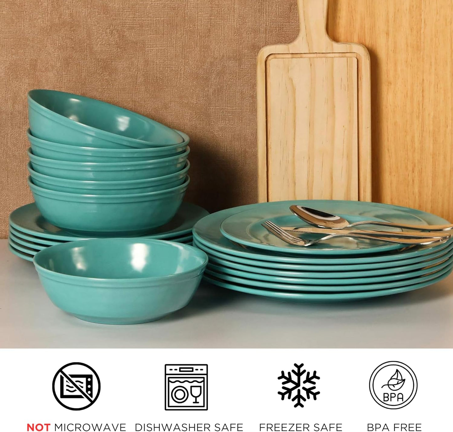 TP 12-Piece Dinnerware Set, Melamine Dishes Set with Bowls and Plates, Non-breakable and Lightweight Dinner Service for 4, Teal