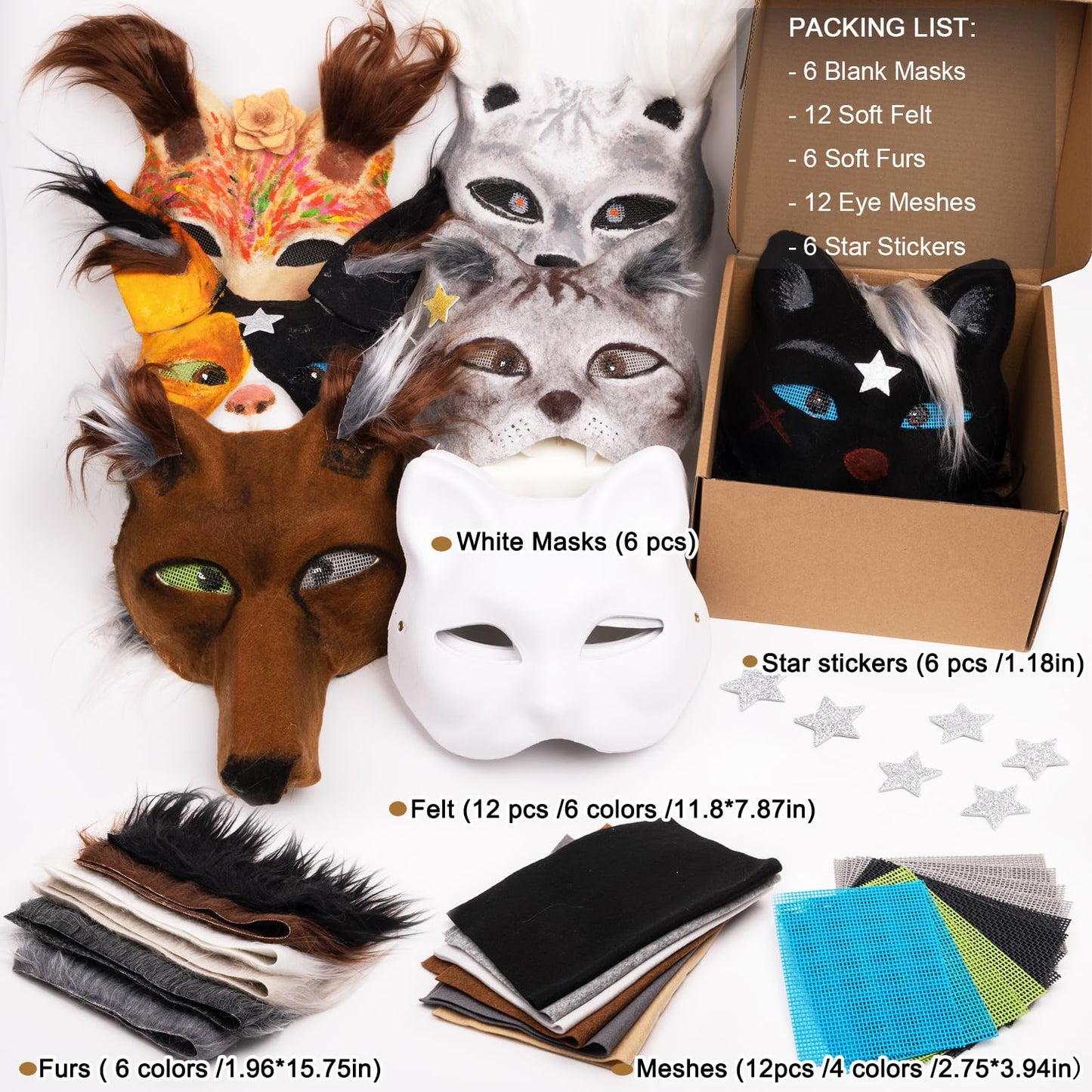 OPPKIE Cat Fox Therian Masks 42PCS with Felt Furs Eye Meshes and Stars, Costume Furry Masks to Paint, Animal Mask Arts Crafts Kit, Dress Up DIY for Halloween Christmas Cosplay Party Interaction