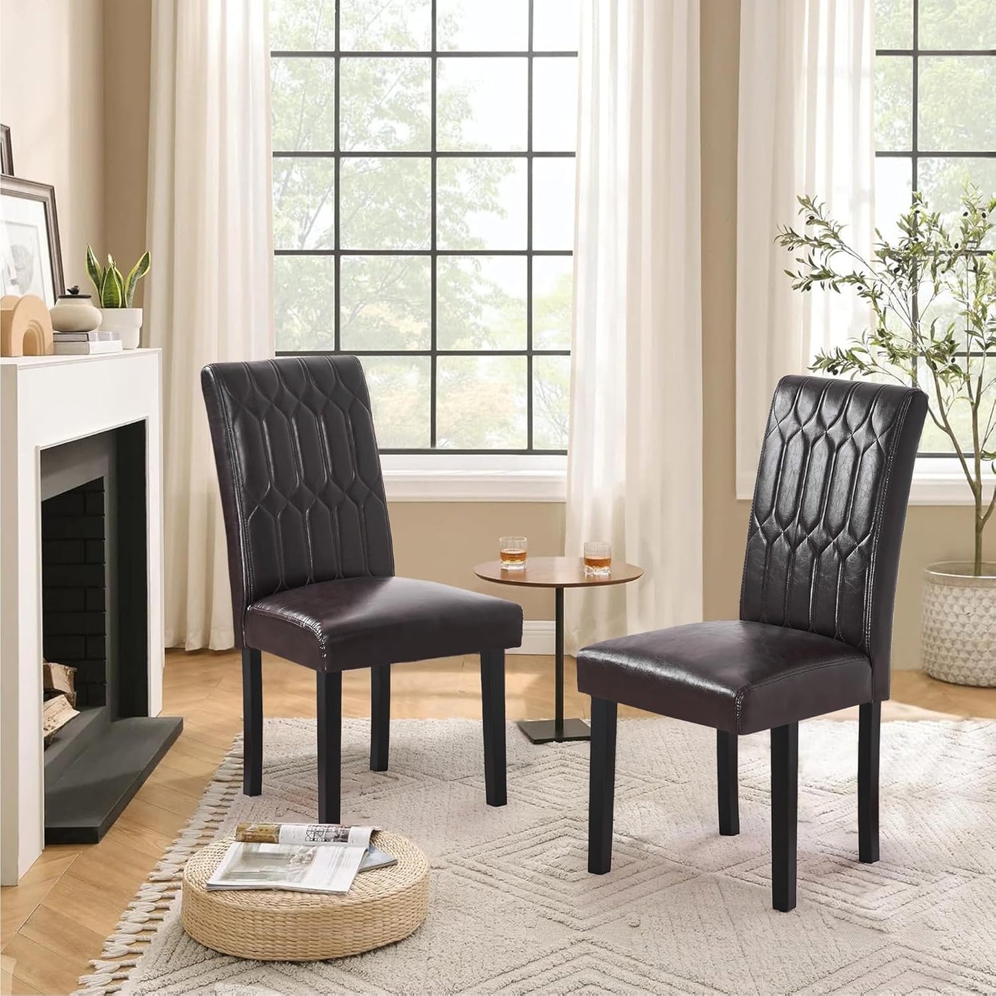 VECELO Upholstered Dining Chairs Set of 2, Modern PU Leather Accent Parsons, Solid Wood Legs w/Rubber Footpads, for Living Room Kitchen, Coffee
