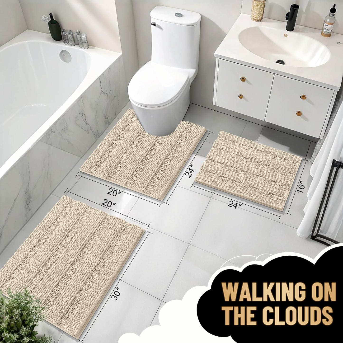 OLANLY Thick Bathroom Rugs 24x16, Extra Soft Absorbent Chenille Striped Bath Rugs, Rubber Backing, Machine Wash Dry, Bath Mats for Bathroom Floor, Tub and Shower, Home Decor Accessories, Sand