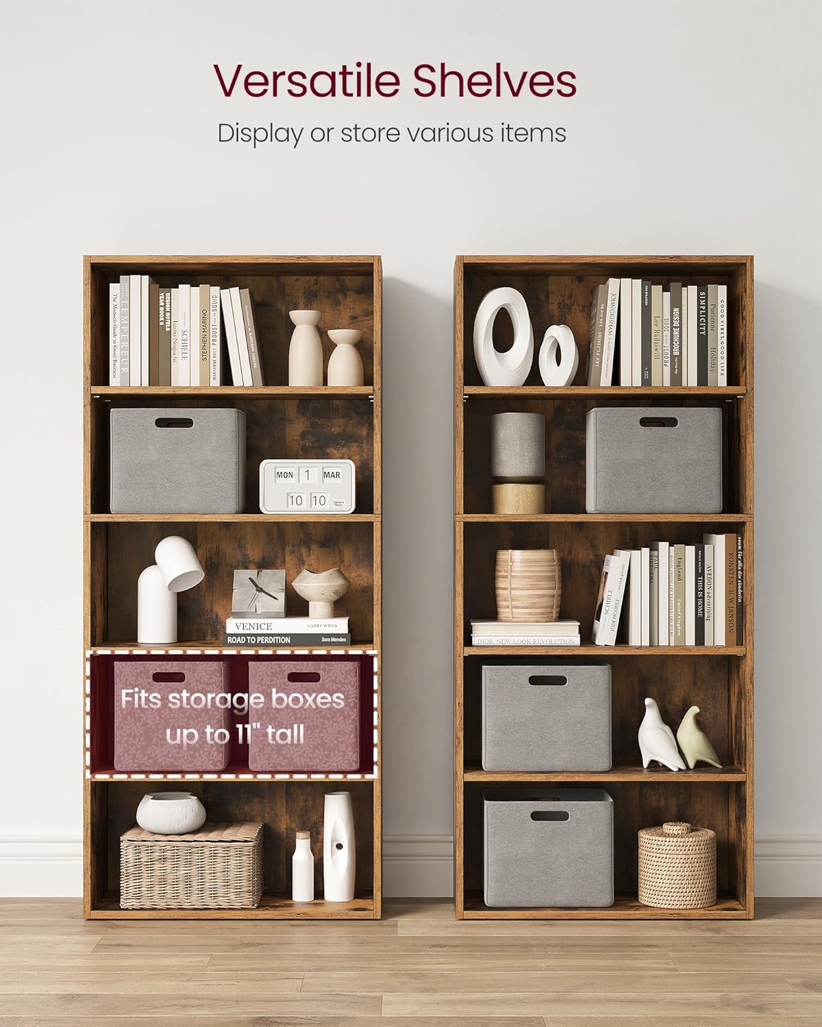 VASAGLE Set of 2 Bookshelves, 23.6 Inches Wide, 5-Tier Open Bookcases with Adjustable Storage Shelves, Floor Standing Units, Rustic Brown ULBC165X01-2