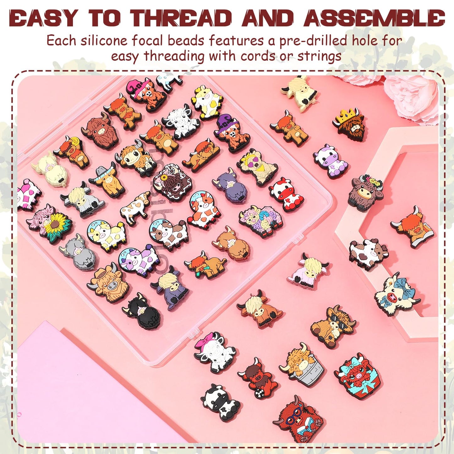 Tondiamo 60 Pcs Silicone Focal Beads for Pens Bulk Highland Cartoon Animal Theme Focal Bead for Beaded Pen Necklace Bracelet Charms Keychain Making Jewelry Making DIY Gifts(Cow)