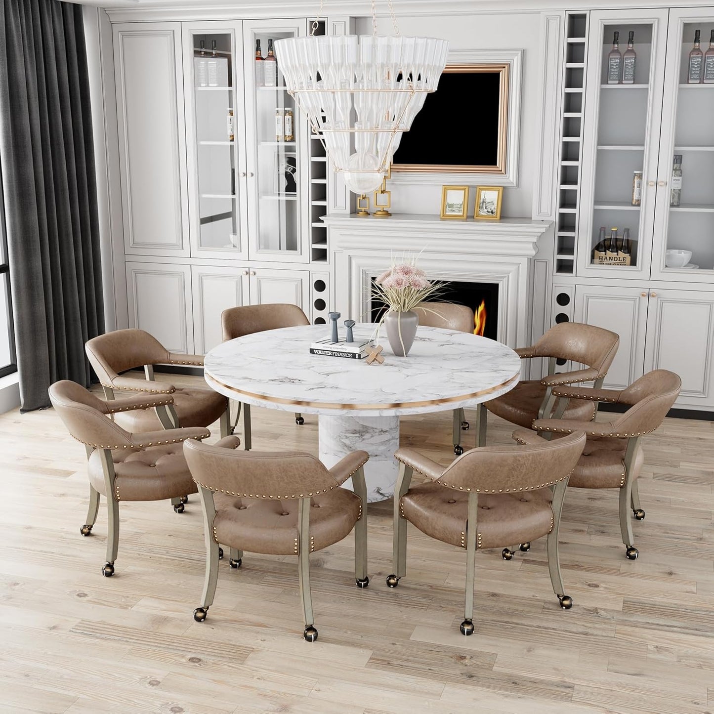LEEMTORIG Large Dining Chairs with Casters and Arms, Rolling Dining Chairs with Wheels, Solid Wood Boss Caption's Chairs, 26" D x 25.2" W x 31.5" H, Grey Legs & Yellowish Brown Fabric SY-1318-LT