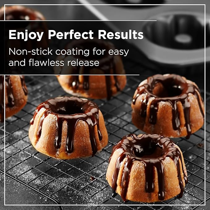 Wrenbury Set of 2 Nonstick Mini Buntz Cake Pan Non Stick for Baking - 6 Cup Bundlette Fluted Cake Tin for Small Cakes - PFOA Free and Dishwasher Safe - 3.75” Cup Width