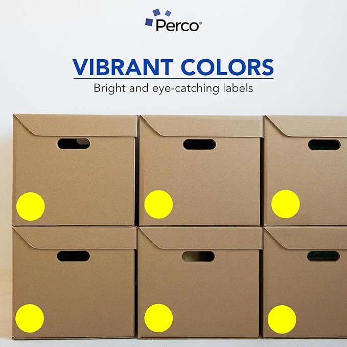 Perco Fluorescent Yellow 3-Inch Perforated Circle Dot Sticker Labels — 10 Rolls, 5,000 Round Stickers — with Permanent Adhesive for Moving Boxes, Sale Signage, Displays, Status Messaging—Made in USA