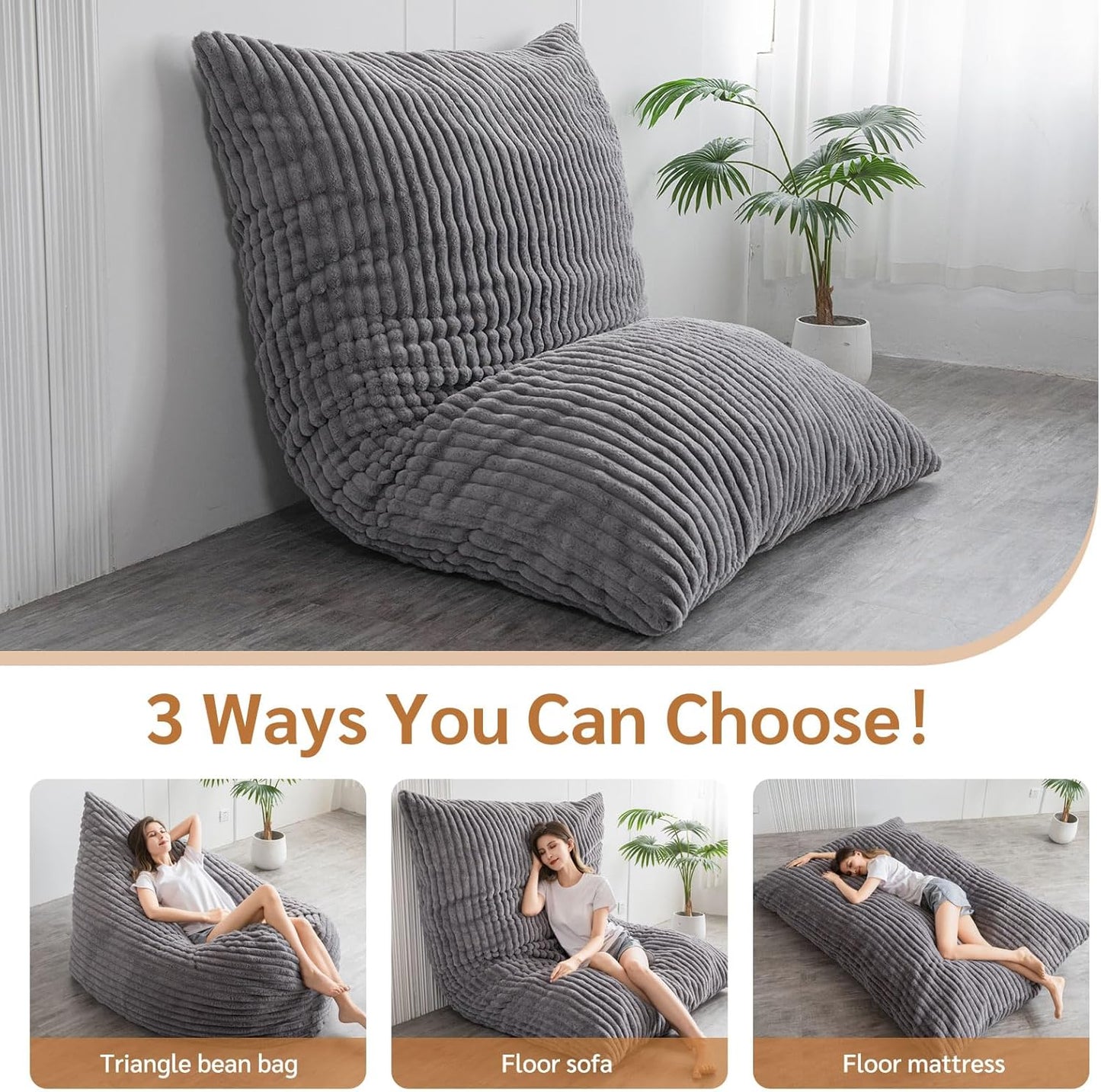 BYBYME 3 in 1 Bean Bag Chairs, Bean Bag Bed for Adults High-Density Foam Filling, Convertible Sofa Bed Faux Fur, Giant Bean Bag Chairs for Adults