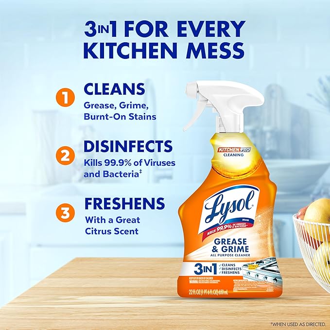 Lysol Pro Kitchen Spray Cleaner and Degreaser, Antibacterial All Purpose Cleaning Spray for Kitchens, Countertops, Ovens, and Appliances, Citrus Scent, 22oz (Pack of 4)