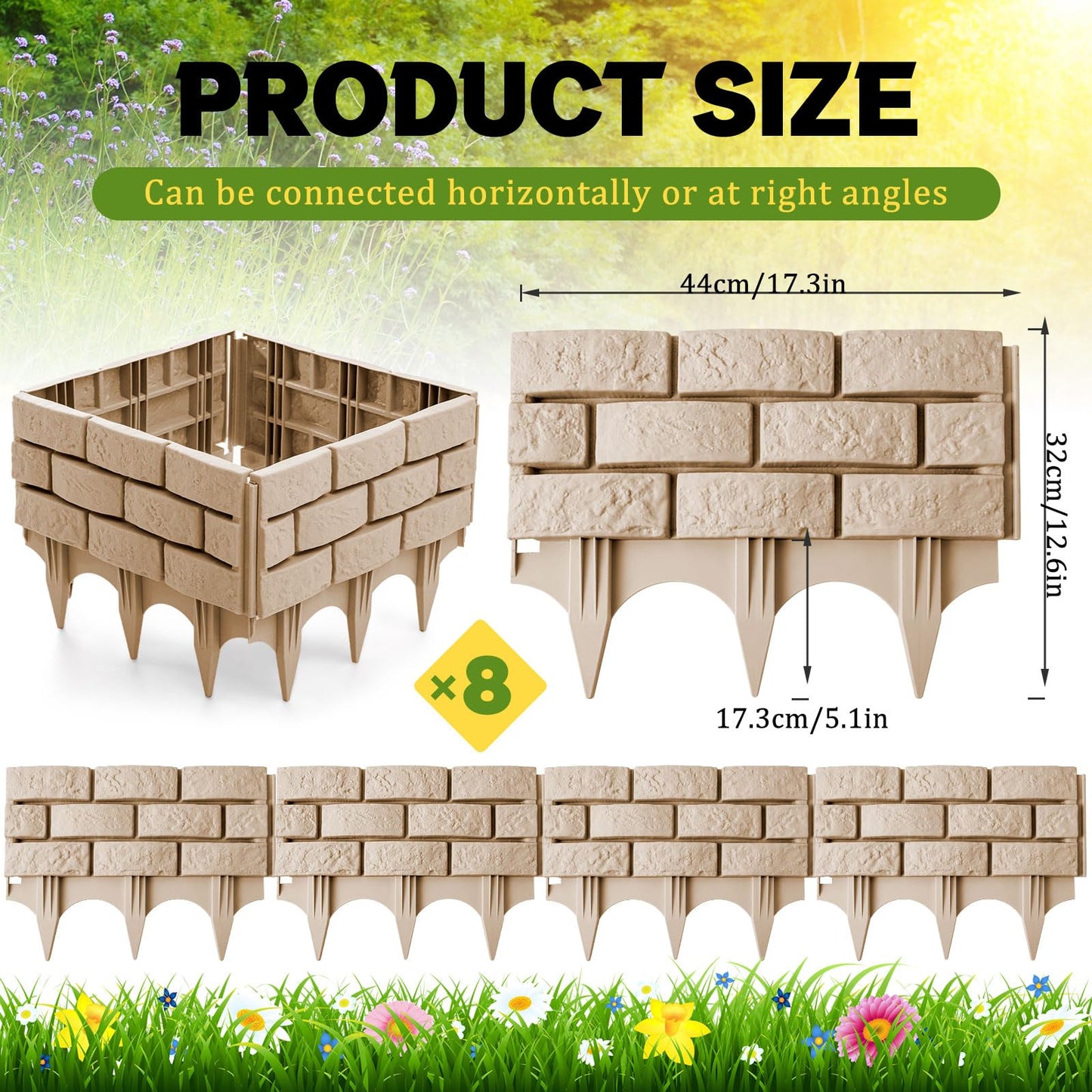 Landical 8 Pcs Gray Retaining Wall Block Faux Stone Edging for Landscaping, 17 x 13 Inch Garden Border Landscape Edging Blocks Garden Plastic Fence for Mulch Flower Bed Patio Lawn Path Walkway