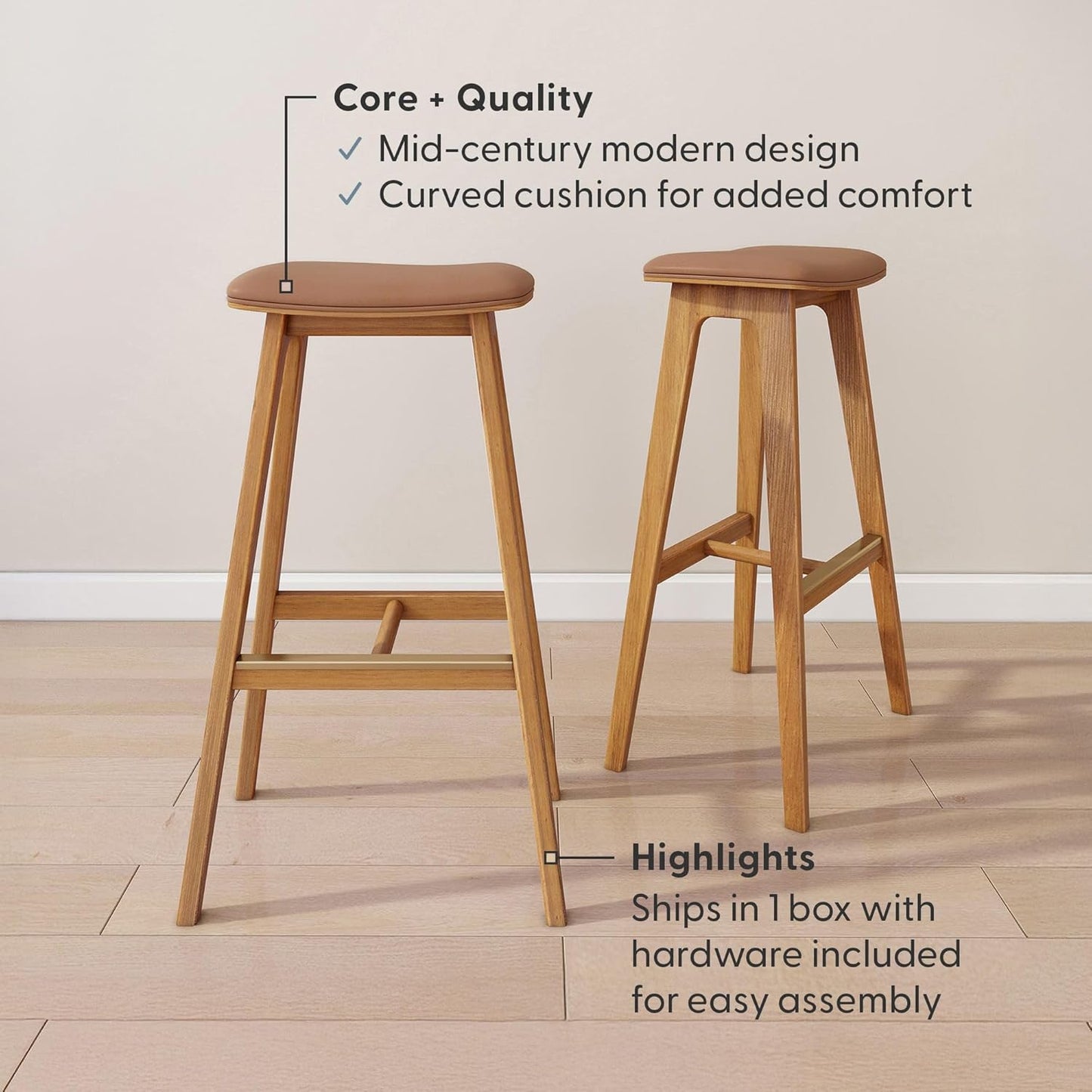 Plank+Beam Beryl Bar Height Stool - Mid-Century Modern Rubberwood Bar Stool with Faux Leather Seat, Metal Footrest, Easy Assembly, 2-Pack, Pecan/Toffee