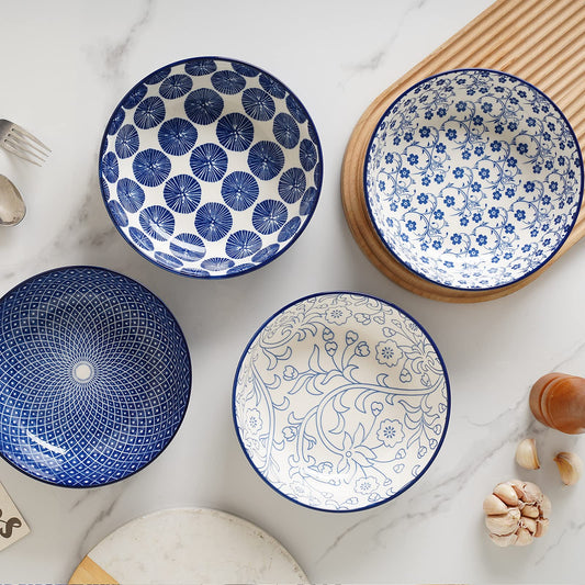 Selamica Ceramic 30 Ounce Pasta Bowls set of 4, 8 inch Serving Bowl Wide and Shallow Microwave Dishwasher Safe, Vintage Blue