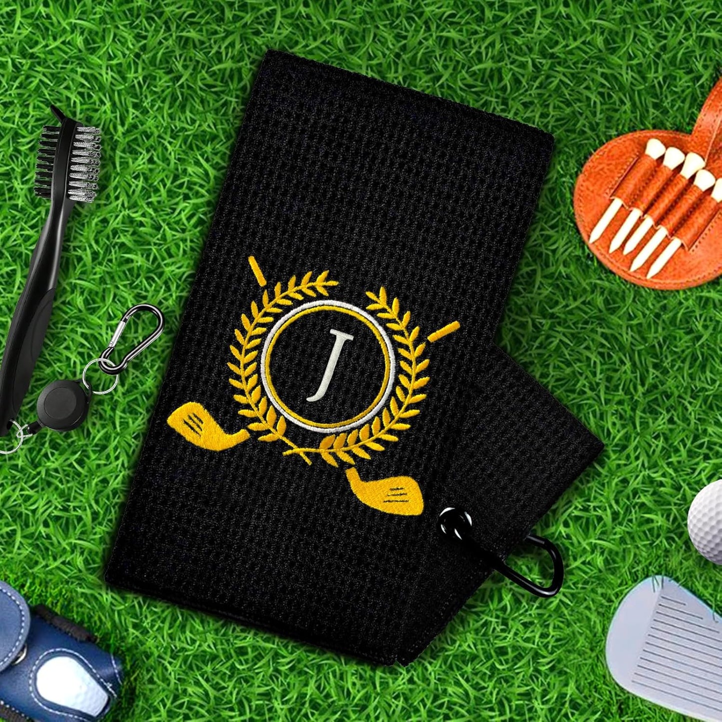 Personalized Golf Towels for Golf Bags - Microfiber Monogrammed Golf Towels for Men/Women, Retractable Brush Tool Kit with Club Groove Cleaner, Custom Golf Accessories for Golfers (Initial J)