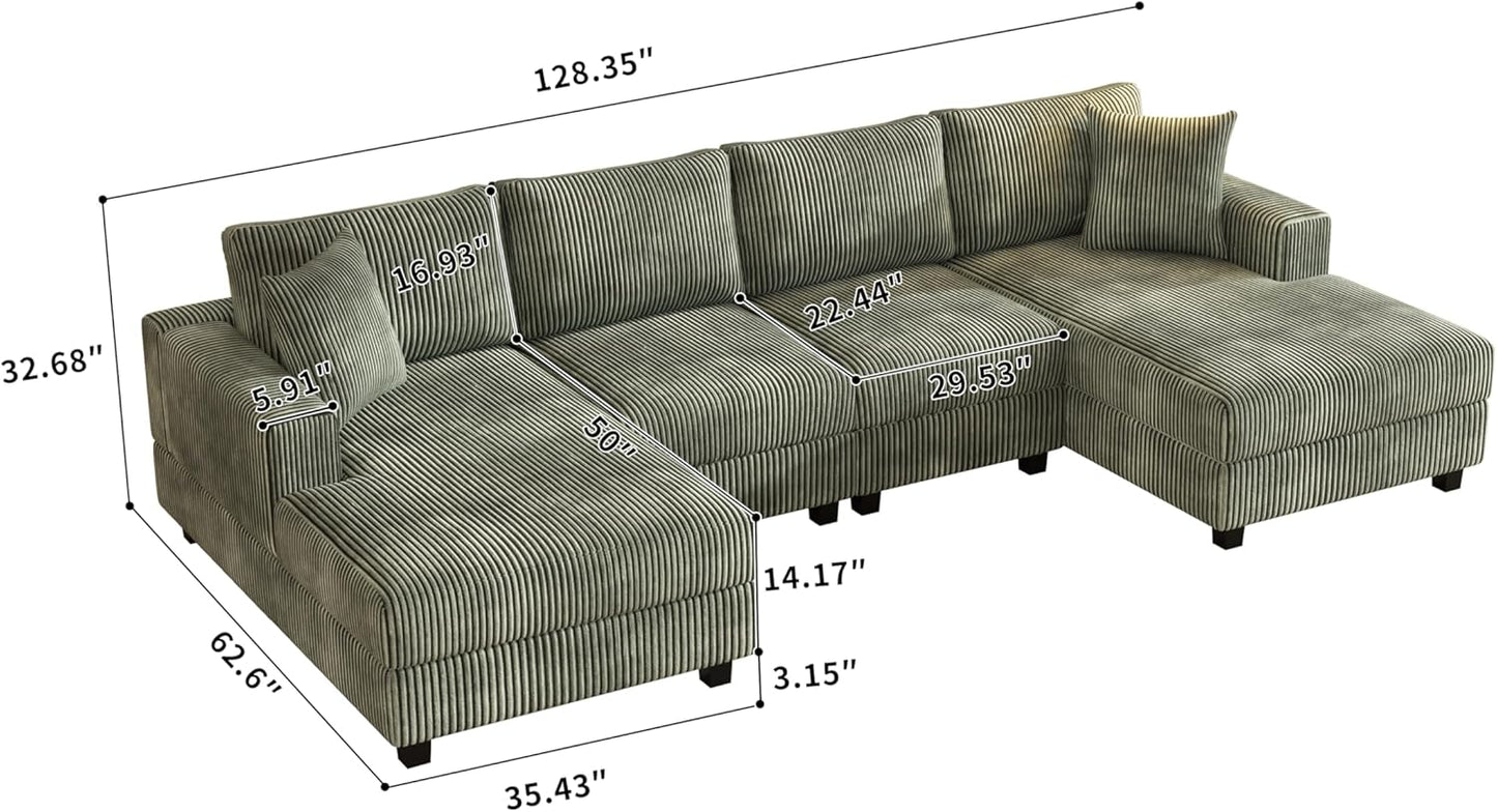 Oversized Symmetrical U Shaped Modular Sectional Sofa with Double Chaise Lounge , Reversible Corduroy Upholstered Sofa Extra Wide Deep Seat Sleeper Sofas Couches w/ 2 Pillows for Living Room Apartment