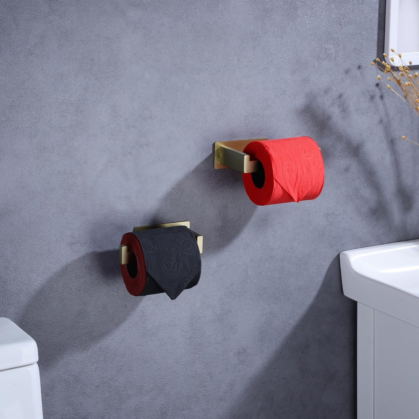 LANC Self-Adhesive Toilet Tissue Roll Holder, Brushed Gold Paper Holder for Bathroom RV Stick On Toilet Tissue Holder with Drill Free Rustproof Stainless Steel Left and Right 2 Pack, A8307BG-LRP2