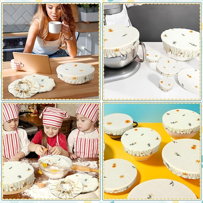 Patelai 10 Pcs Bowl Covers Reusable in 5 Size Stretch Cloth Fabric Elastic Food Storage Bowl Covers Bread Sourdough Lids for Proofing Food Fruits Leftover(Yellow, Green, White,Embroidery Daisy)