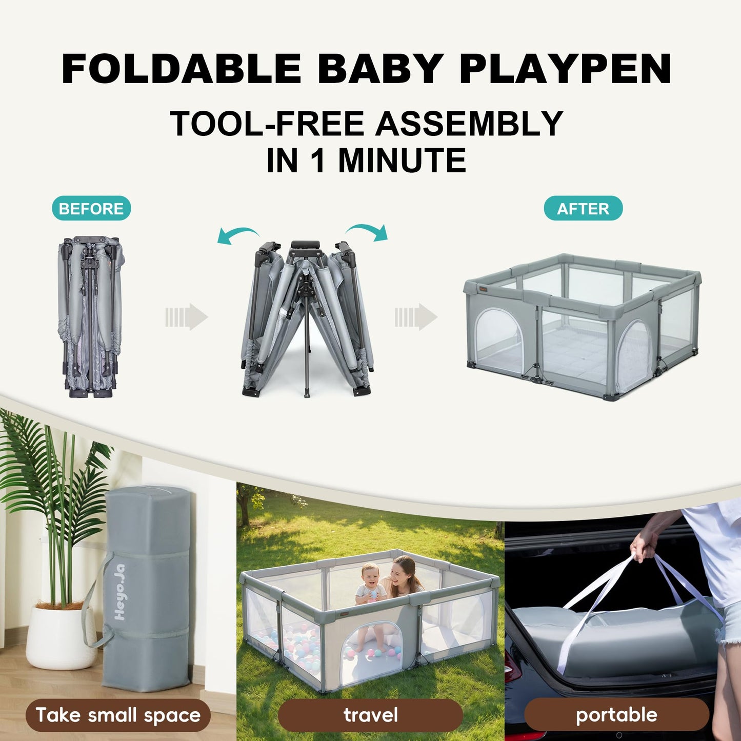 Foldable Playpen with Detachable Thicken Mat,50x50 Inches Portable Playpen,Collapsible Play Pen for Babies and Toddlers,Indoor & Outdoor Baby Fence Play Area,Cold Gray
