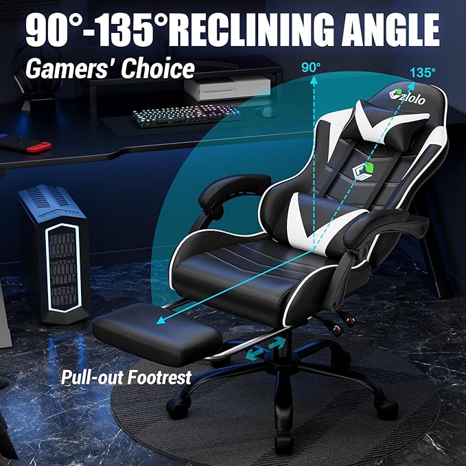 Gaming Chair with Footrest Racing Style Lumbar Support Massager Video Game Chair with Metal Legs, High Back Reclining Gamer Chair with Headrest, 360° Swivel Office Computer Desk Chair (White)