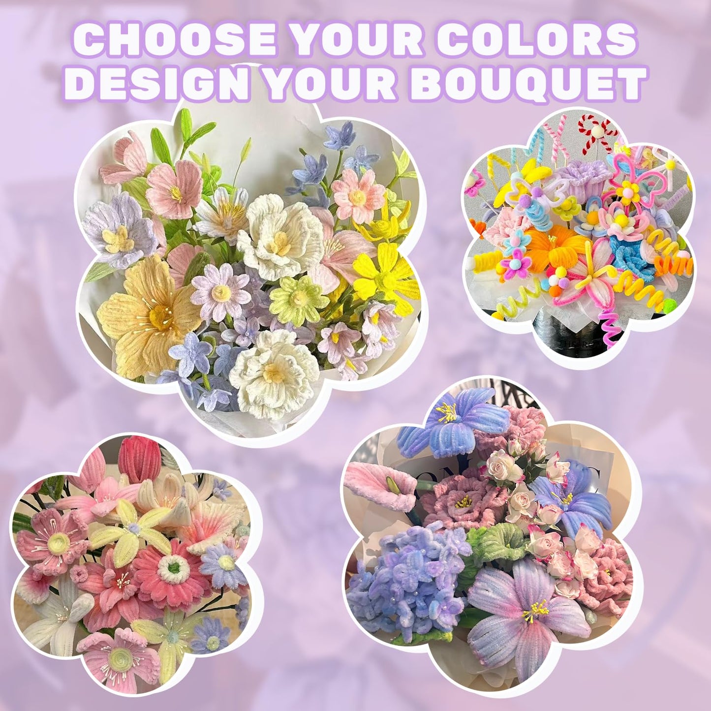 1200PCS Pipe Cleaners Craft, Pipe Cleaner Flower Kit with Instruction, 14 Colors Chenille Stems Flower Making Kit with Stamen, Tape, Floral Wrapping Paper and Ribbon for Arts DIY Craft Supplies ﻿