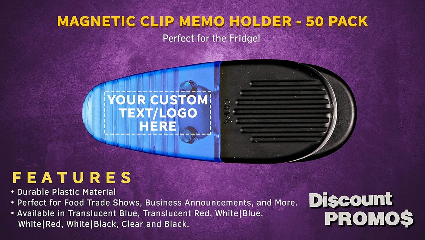 50 Magnetic Memo Holders Set - Customizable Text, Logo - Large Clip, Plastic - TBlue