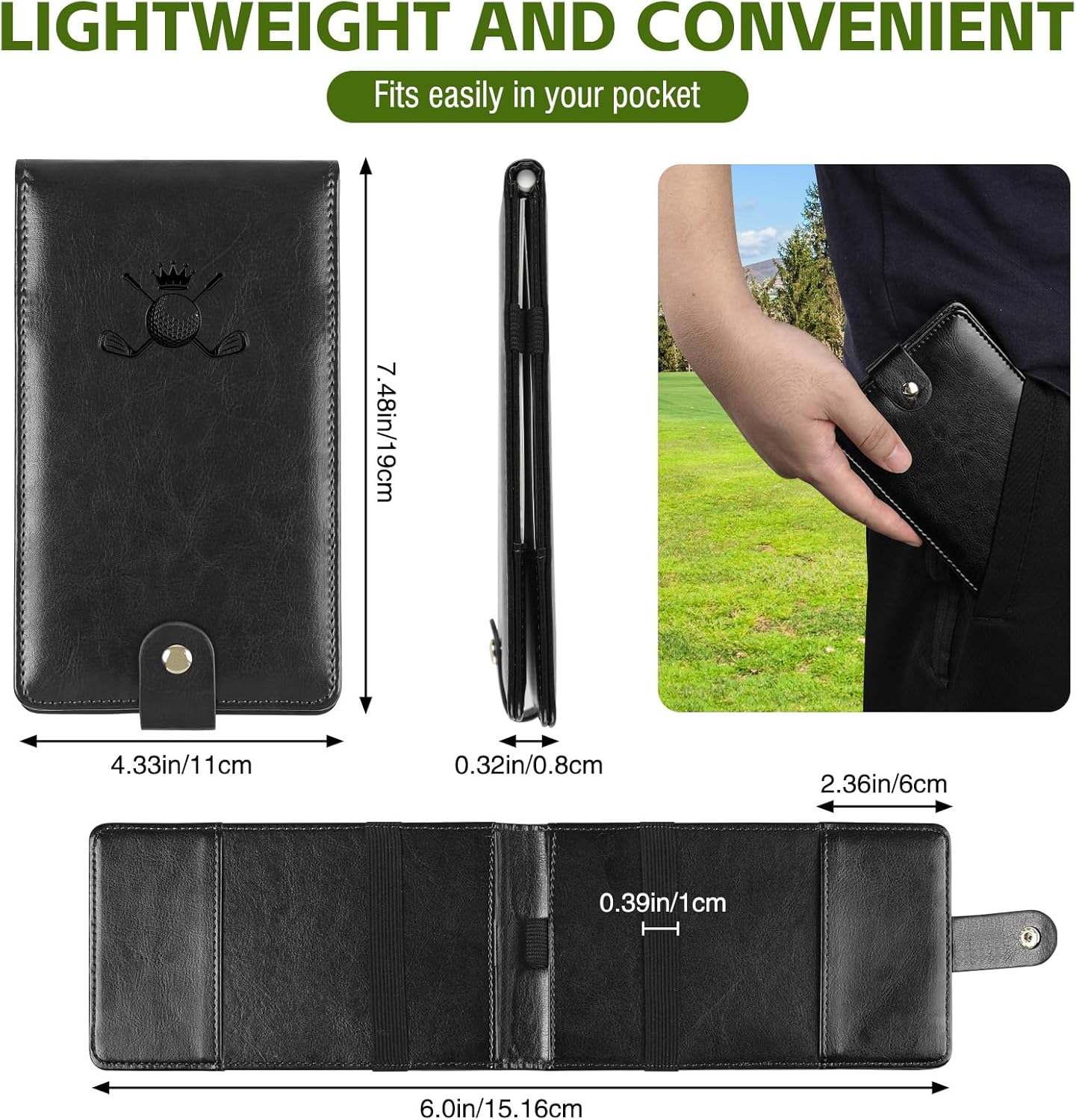 Archerest Magnetic Golf Scorecard Holder, 7.48" x 4.33" Premium Leather Yardage Book Cover Golf with A Pencil and Five Double Sided Printed Scorecards, Golf Accessories and Scorecard Book