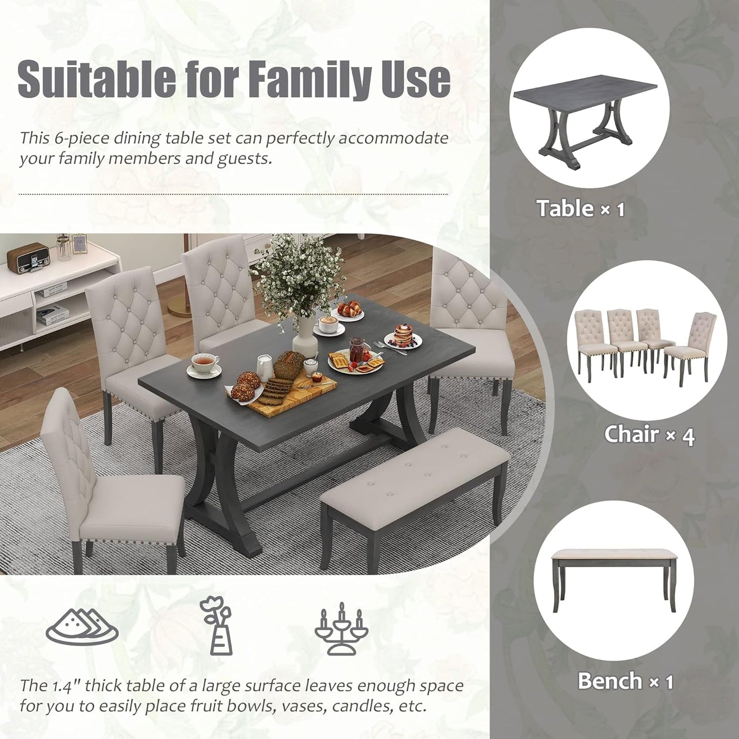 Dining Table Set for 6, Kitchen Table Set with Chairs and Bench, 6 Piece Solid Wood Dining Room Set with Trestle Table Legs for Kitchen, Dining Room (Antique Grey)