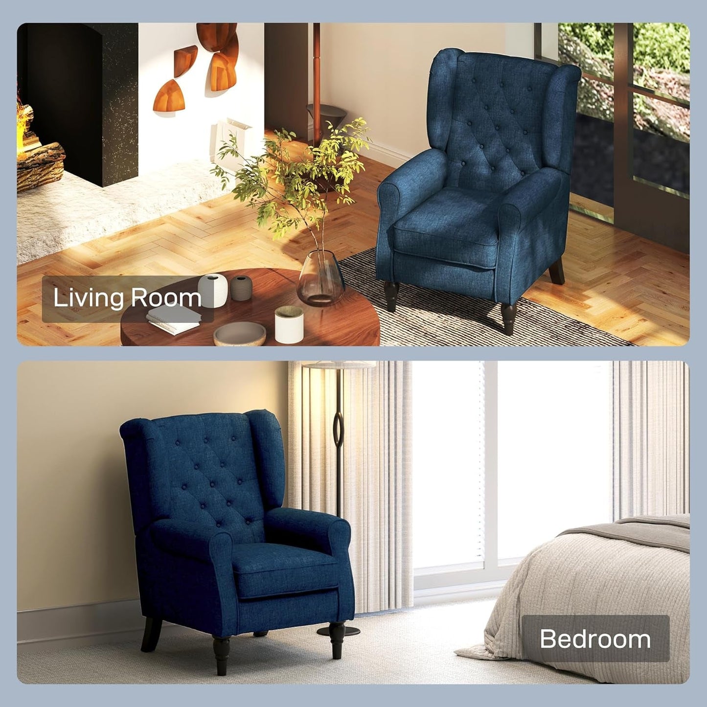 Mid-Century Modern Accent Chair, High Wingback Reading Chair, Button-Tufted Upholstered Fabric Armchair with Retro Wood Legs for Apartment, Living Room, Bedroom, Blue