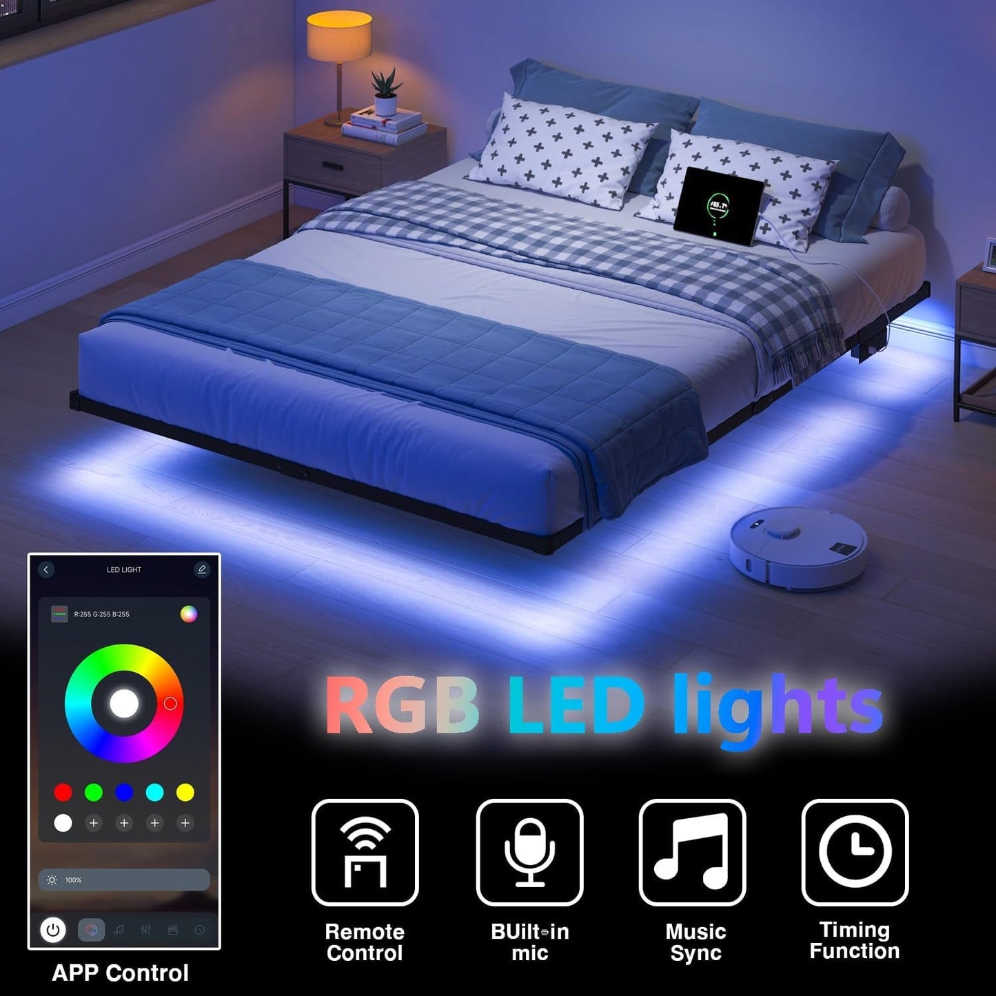Floating Bed Frame Full with LED Lights and Charging Station - 8 Inch Platform Bed Frame No Box Spring Needed, Easy Assembly