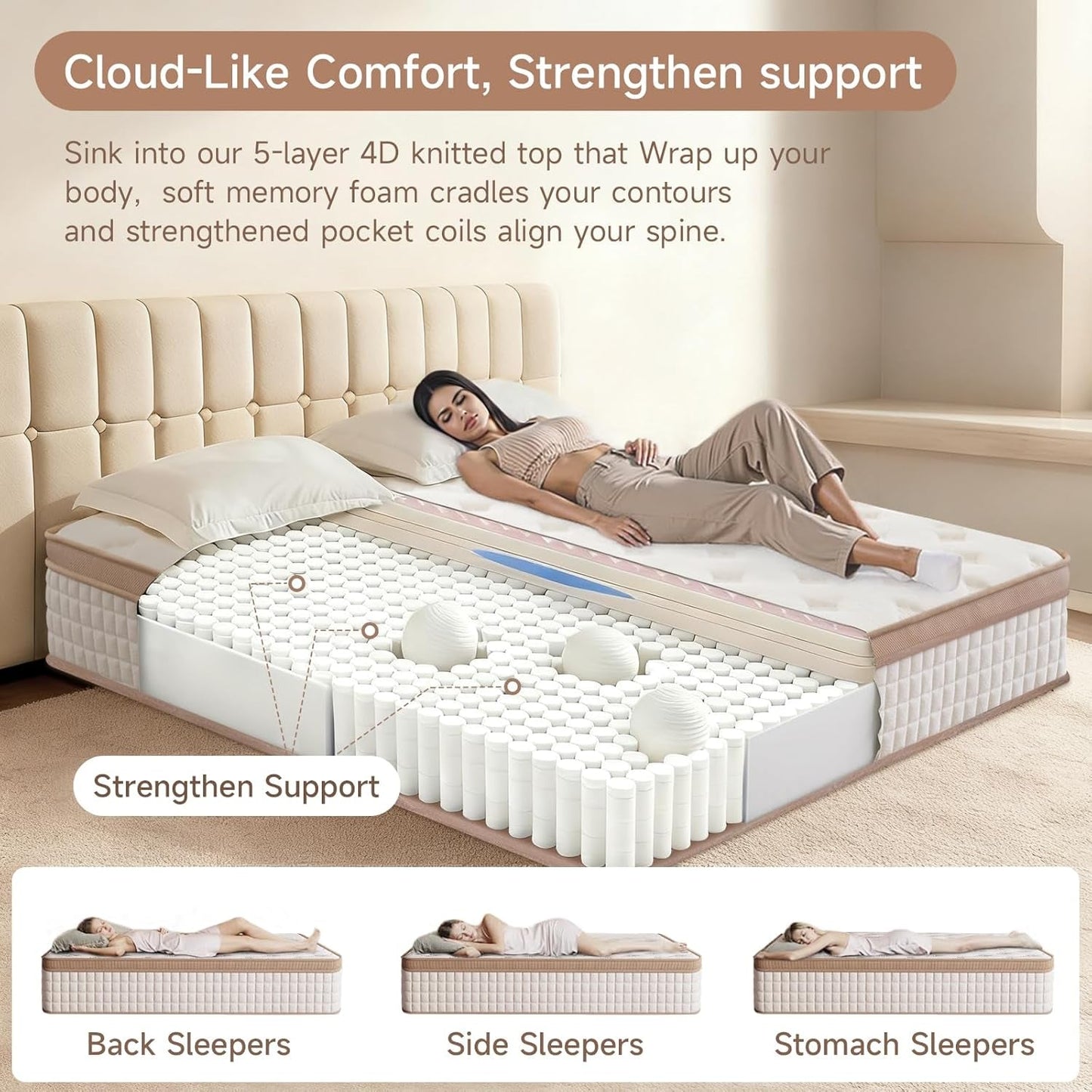 Queen Mattress, 12 Inch Queen Mattresses, Medium Firm Cooling Memory Foam for Hip/Shoulder/Lumbar Support, Individual Springs for Pressure Relief & Motion Isolation, Hybrid Mattress in a Box