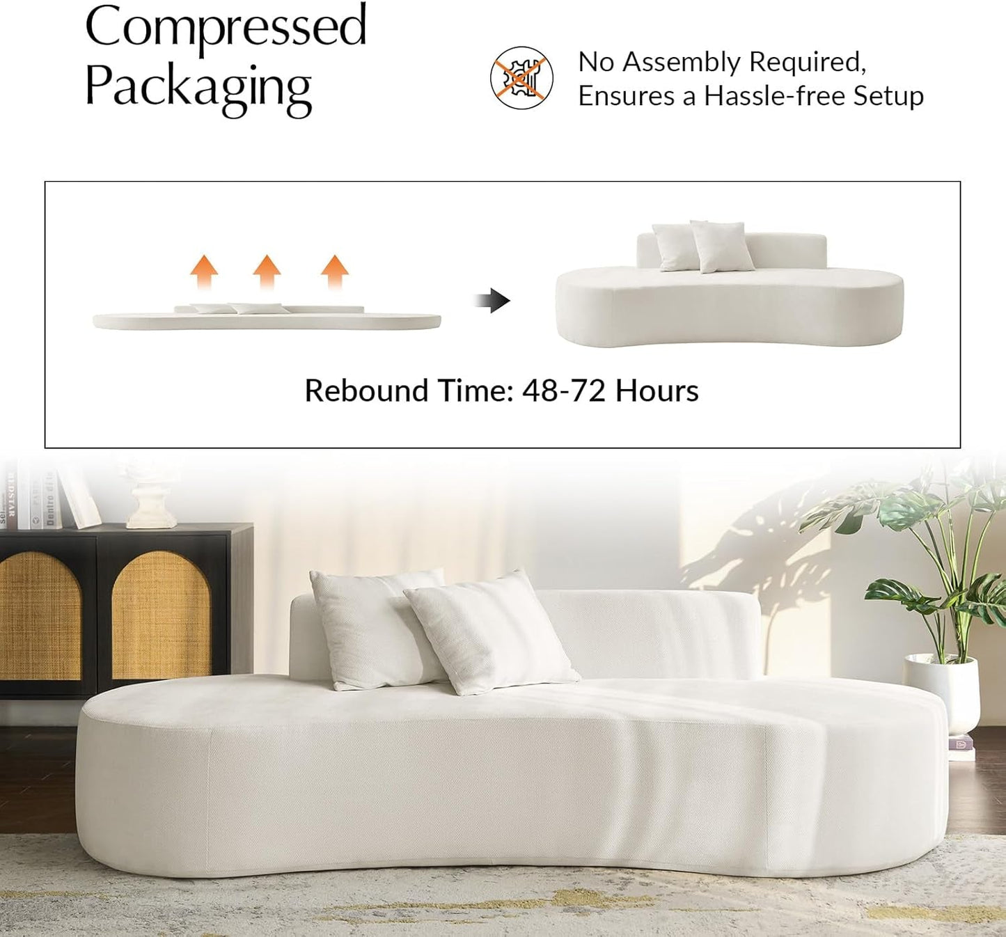 94.5" Curved Boneless Couch with Two Pillows, Oversized 3 Seater Compressed Foam Sofa with Deep Seat, Modern Cloud Couch for Living Room, No Assembly Required, Ivory