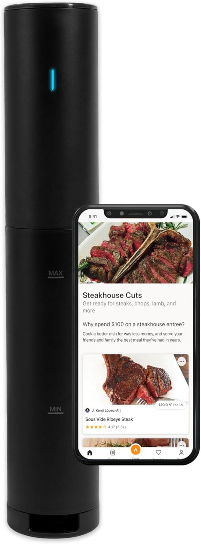 Sous Vide Precision Cooker Mini, 850 Watts, Black and Orange, App Enabled, 2024 Model