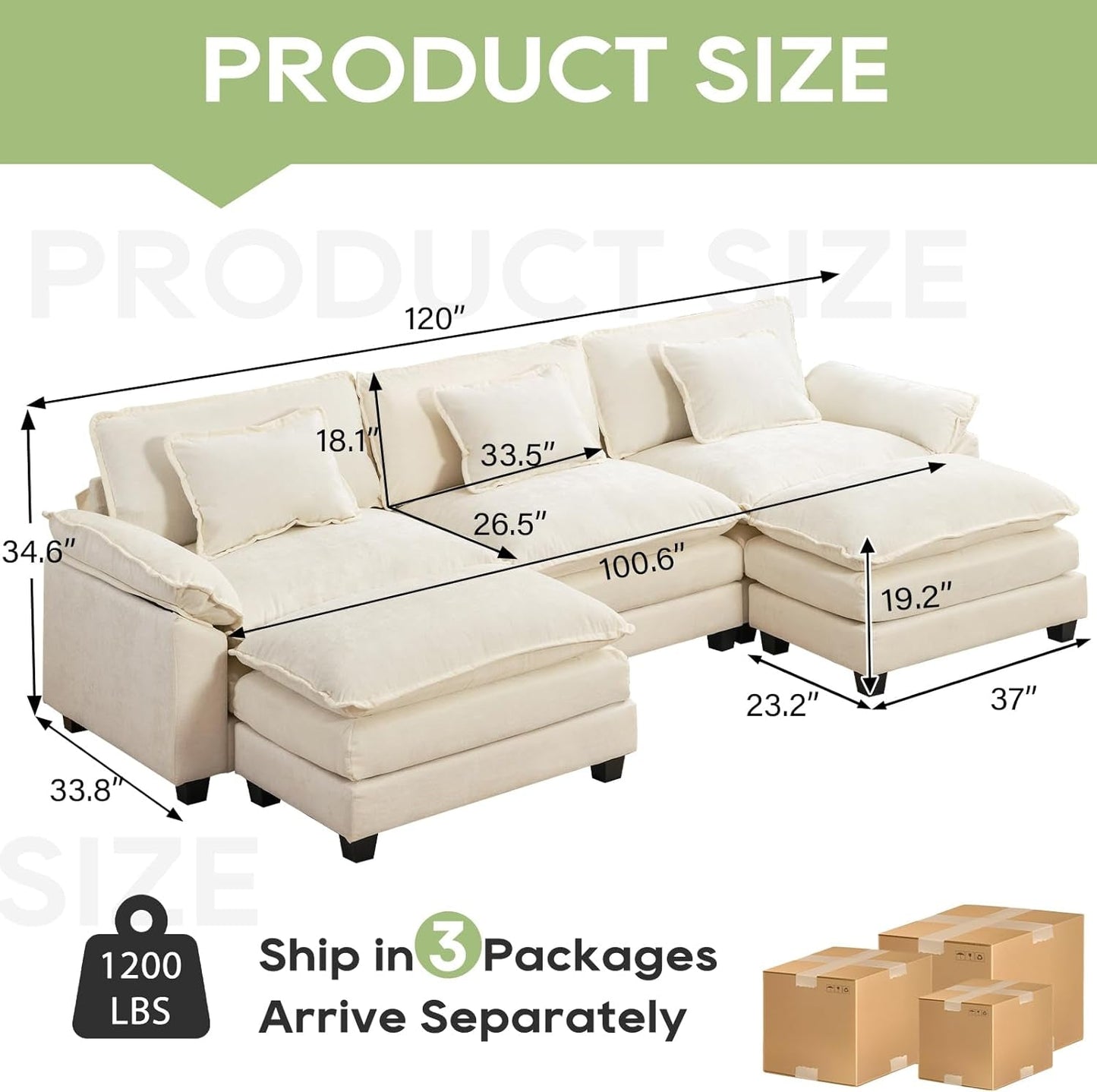 Modular Sectional Sofa, Comfy Cloud Couch Sectional Sofa with Ottoman, Chenille Sofa Sleeper Deep Seat Sofa with Throw Pillows for Living Room (Beige White, 120"- U Shape)