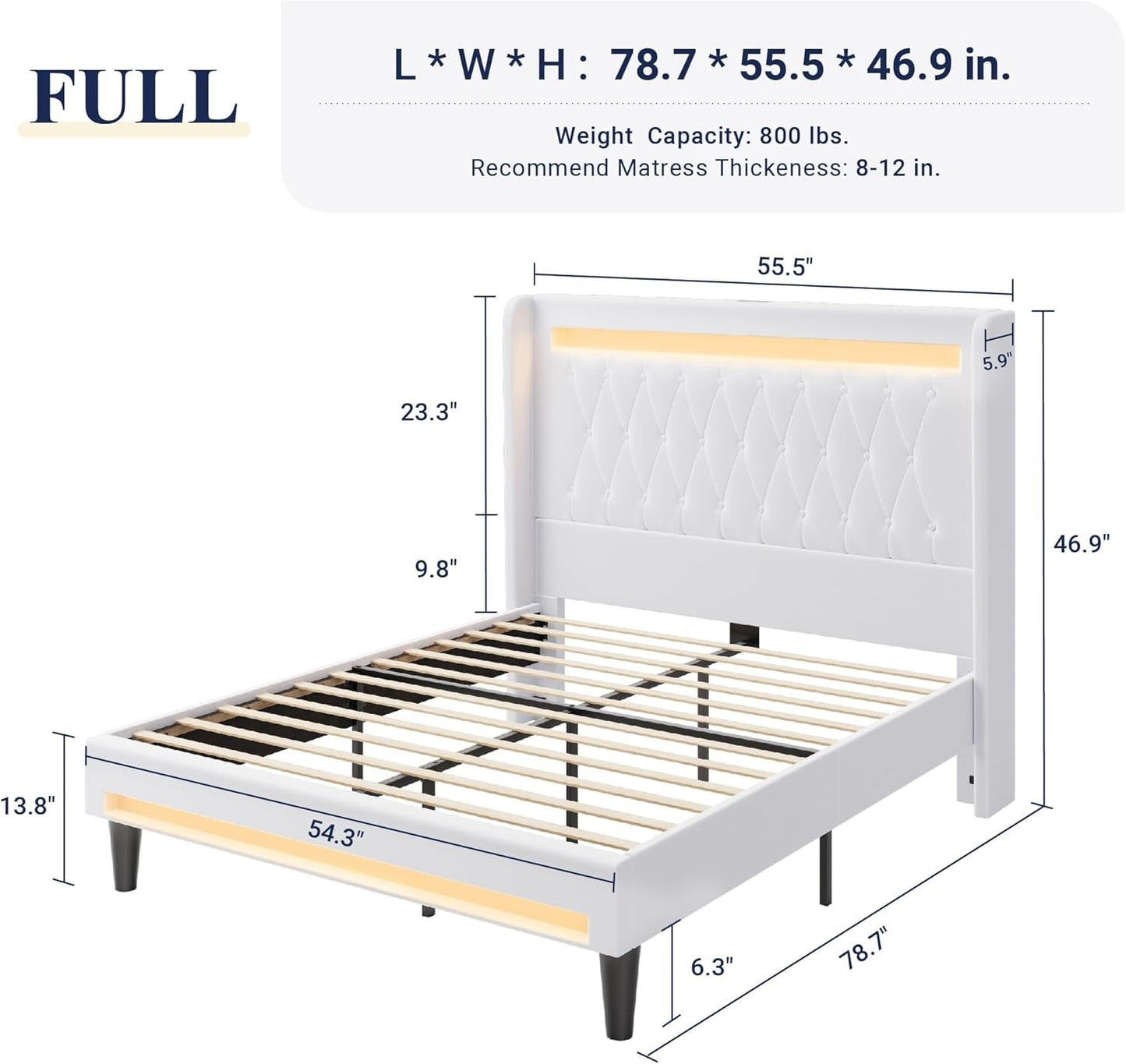Upholstered Full Size Platform Bed Frame with LED Light and Charging Station, Button Tufted High Headboard, Wingback Design, Noise Free, Easy Assembly, No Box Spring Needed, White