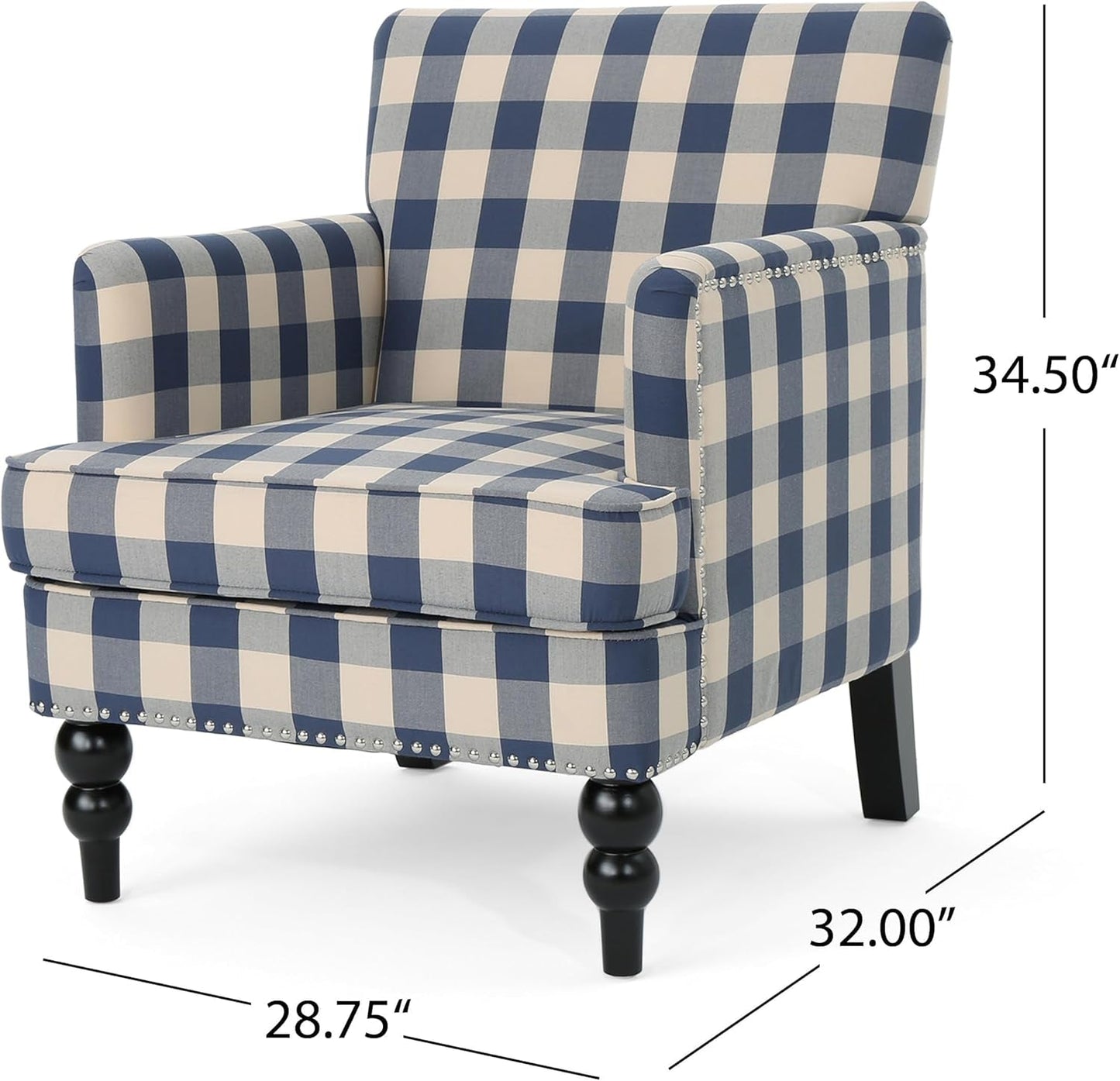 Eve Modern Upholstered Club Chair, Wooden Living Room Accent Chair, Comfy Bedroom Reading Chair, Multifunctional Armchair, Blue Checkerboard