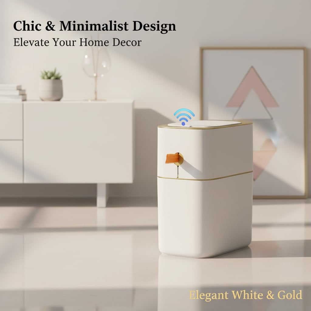 Touchless Bathroom Trash Can with Lid, 3 Gallon / 12L Slim Motion Sensor Garbage Bin, Automatic Waste Basket for Bedroom, Office & Narrow Spaces, White & Gold