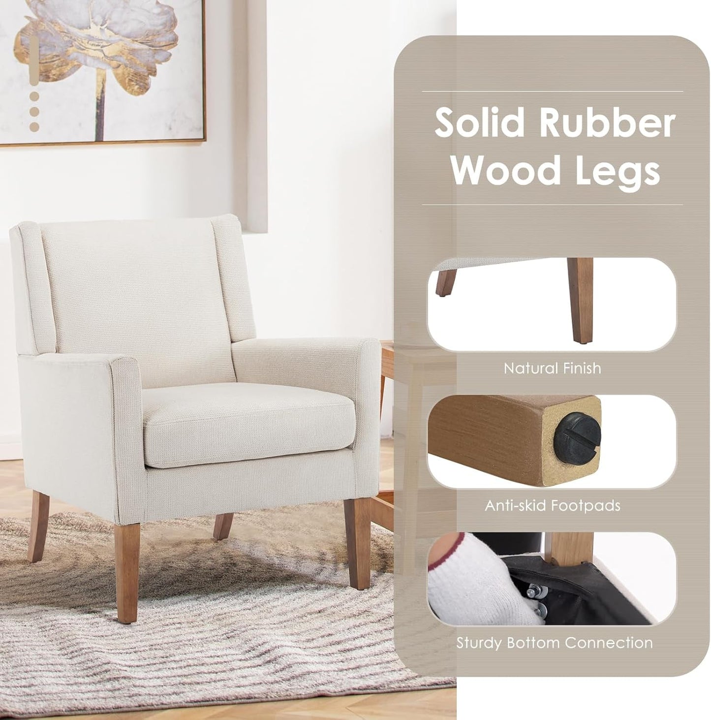 Modern Wingback Living Room Chair, Upholstered Fabric Accent Armchair, Single Sofa Chair with Lounge Seat and Wood Legs for Office/Bedroom/Reading Spaces, Beige