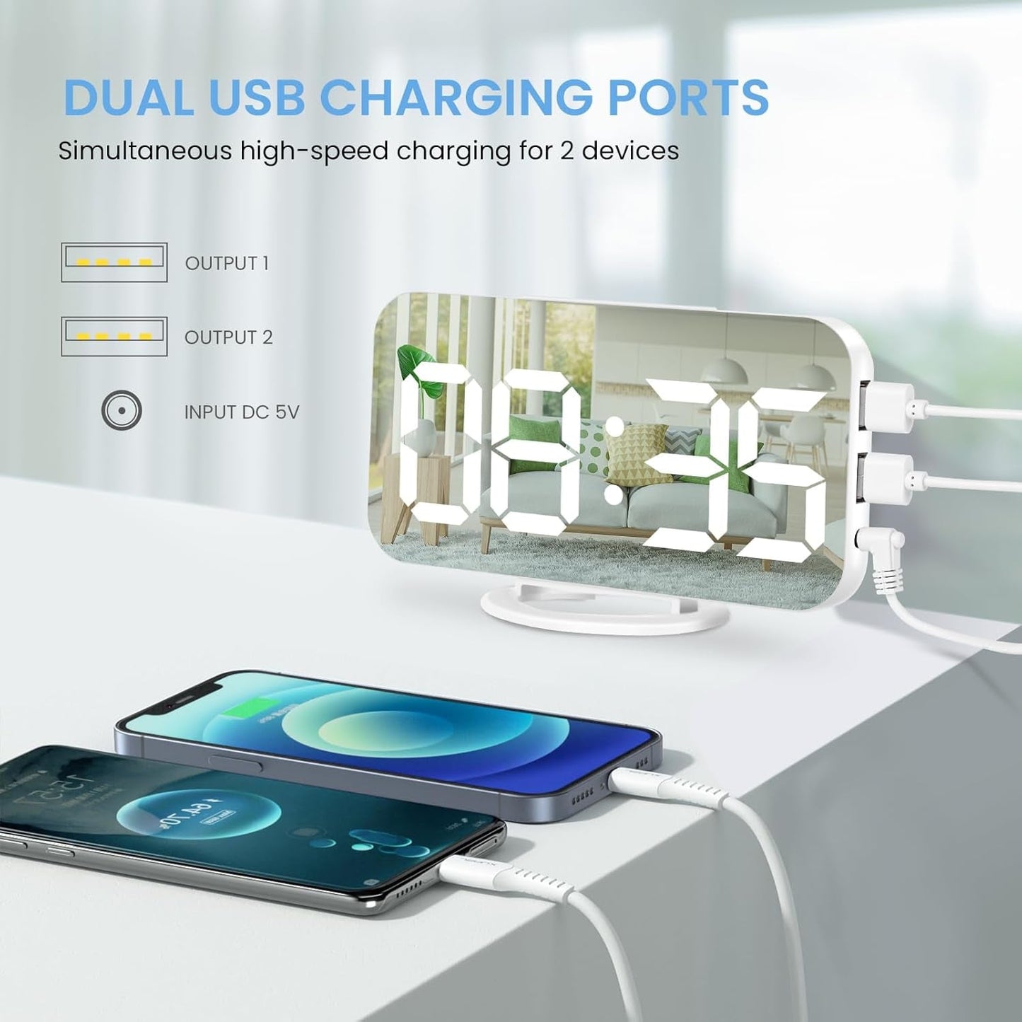 Home Decor - Digital Alarm Clock,Large Display LED and Mirror Desk Clock with Dual USB Charger Ports, 3 Levels Brightness,12/24H Alarm Clocks, Modern Electronic Clock for Bedroom Living Room Office - White