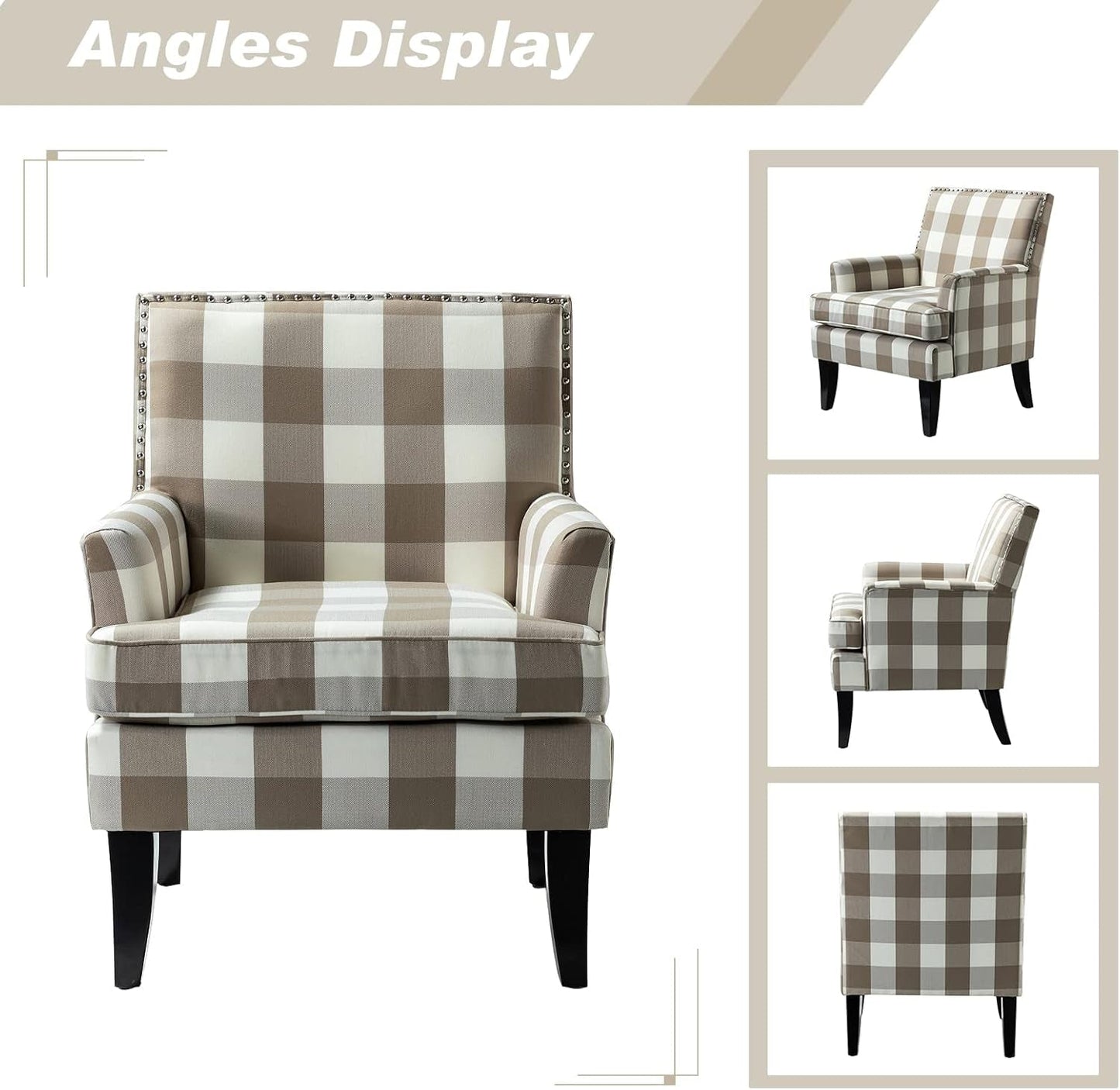 Modern Accent Chair with Arms and Wooden Legs, Mid Century Accent Chair Armchair High Back Rest, Padded Armrest and Comfortable Cushioned Seat for Living Room (Buffalo Beige)