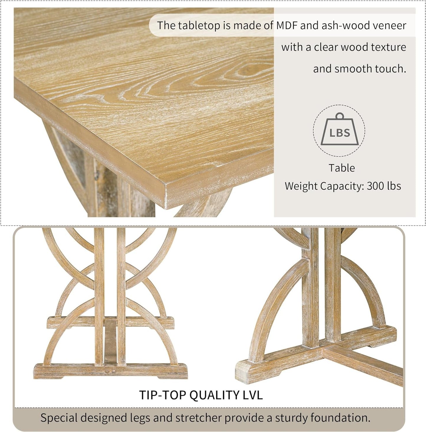 Solid Wood Kitchen Dining Room Table Set with Bench and Chairs for 6 Persons, Dining Table Set with with Rectangulars Table and Upholstered Seat, Natural Wood Wash