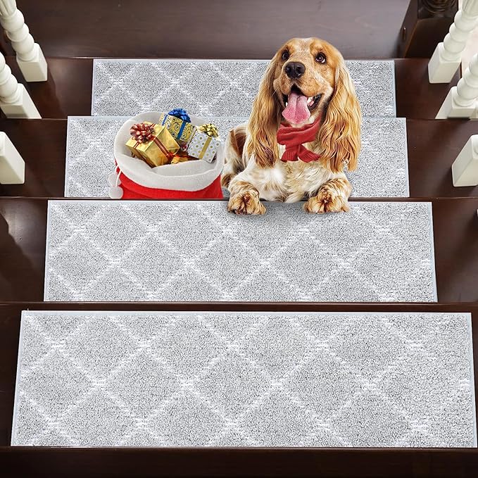 BEQHAUSE Stair Treads 15 Pack Self-Adhesive Stair Mats 28inX9in Stair Treads for Wooden Steps Non-Slip Stair Grips Polyester Soft Edging Stair Rugs Grey Stair Runner