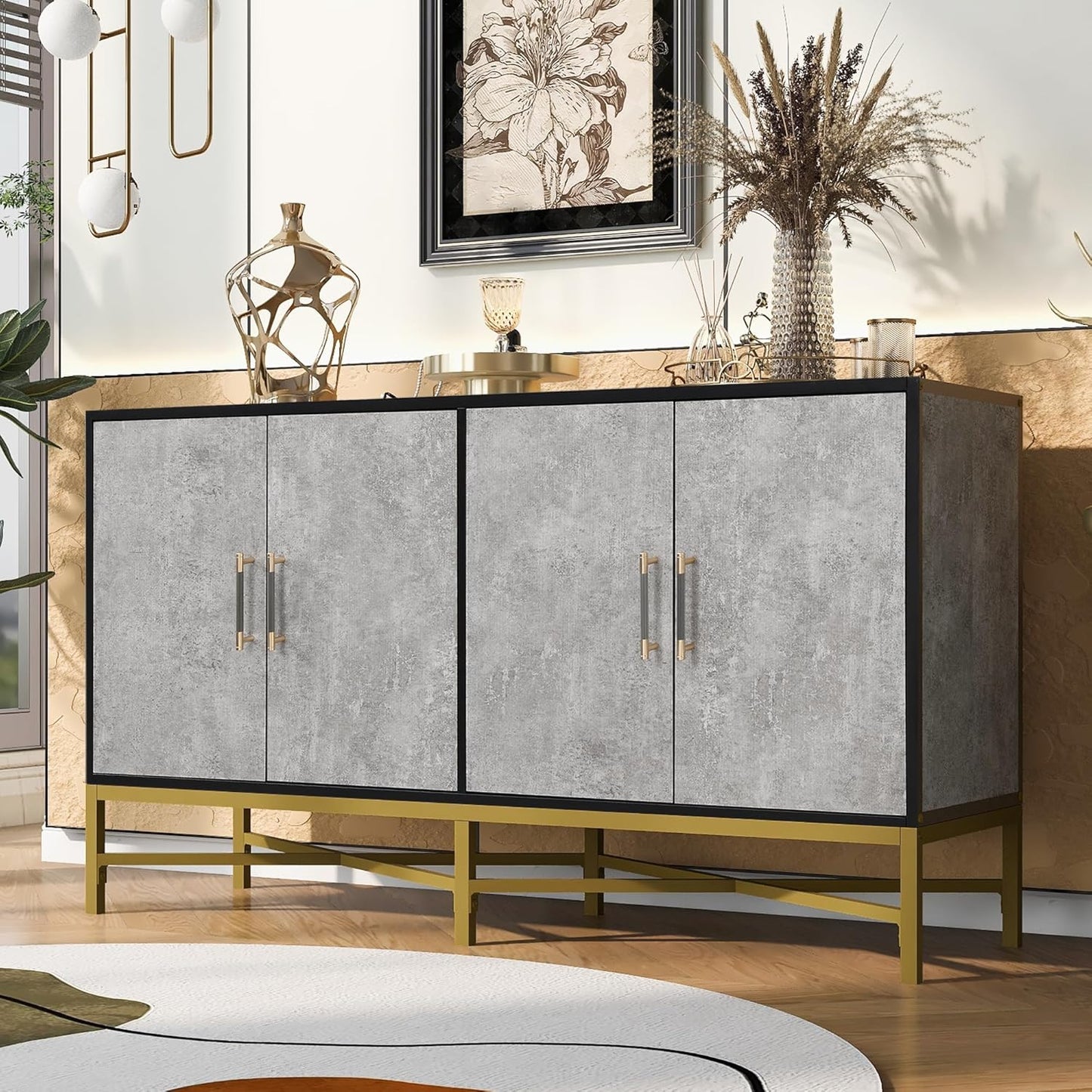 Merax Sideboard Buffet Cabinet with Storage, 4 Door Modern Cupboard w/Cross-Leg Design, Console Table for Kitchen, Dining/Living Room, Grey